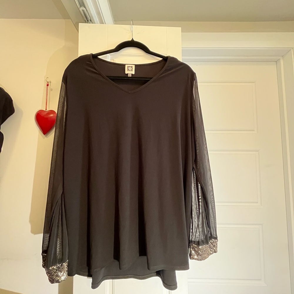 Anne Klein Black V-Neck Blouse with Mesh Sleeves